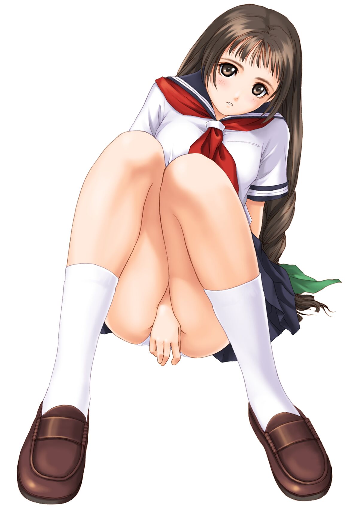 tony taka, yukifuji mika, tsubasa no hatameki, highres, jpeg artifacts, 1girl, between thighs, blush, brown eyes, brown hair, covering crotch, covering privates, female focus, hair ribbon, long hair, panties, pantyshot, pleated skirt, ribbon, school uniform, serafuku, shoes, sitting, skirt, socks, solo, thighs, underwear, upskirt, white panties