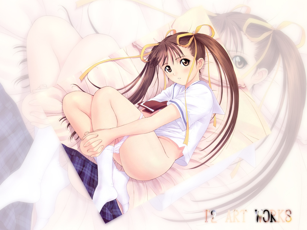 tony taka, 1girl, bed, bed sheet, bottomless, brown eyes, brown hair, female focus, hair ribbon, leg hold, legs together, long hair, looking at viewer, lying, on side, panties, panty pull, plaid clothes, plaid skirt, ribbon, school uniform, serafuku, skirt, solo, twintails, underwear, unworn skirt, white panties, yellow ribbon, zoom layer