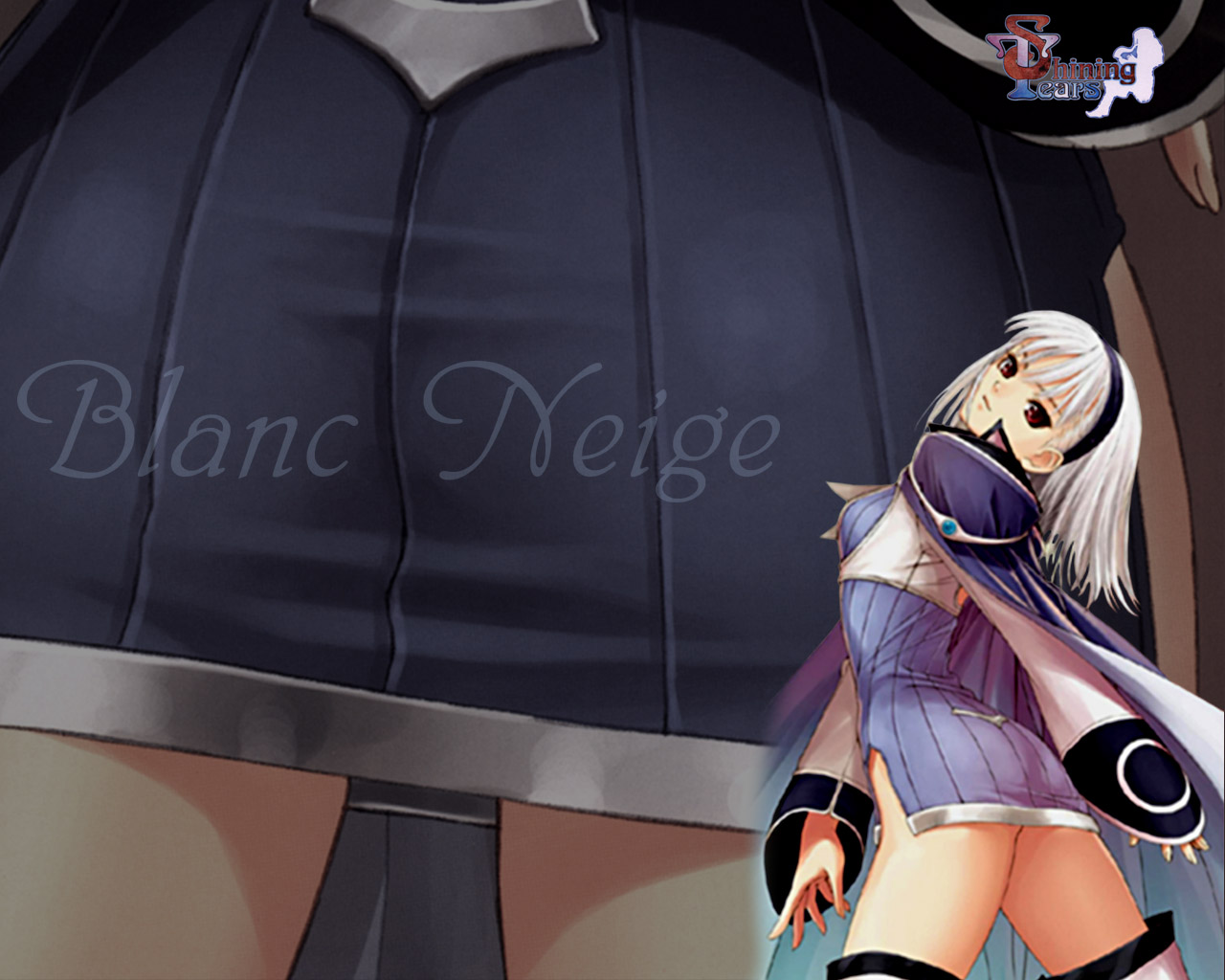 tony taka, blanc neige, sega, shining (series), shining tears, official art, official wallpaper, 1girl, albino, arched back, armlet, arms at sides, ass, blue gemstone, blurry, cape, character name, copyright name, cowboy shot, depth of field, dress, from side, gem, hairband, head tilt, jewelry, lower body, multiple views, red eyes, short dress, short hair, standing, thighhighs, thighs, white hair