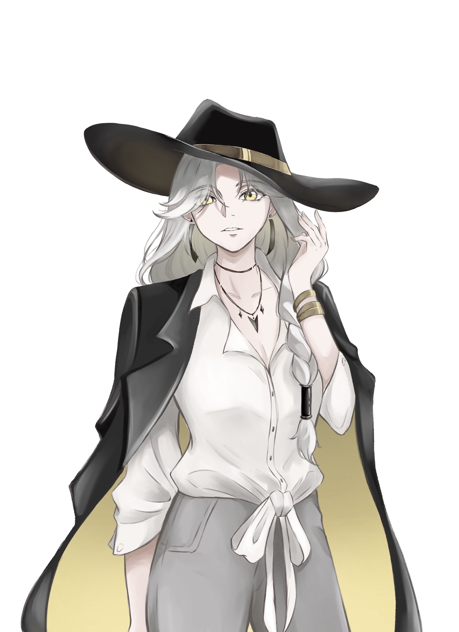 queen (to be hero x), to be hero, to be hero x, commentary, english commentary, highres, textless version, 1girl, black coat, black hat, bracelet, braid, braided ponytail, coat, coat on shoulders, collared shirt, cowboy shot, earrings, grey pants, hair over shoulder, hair tubes, hat, jewelry, long hair, looking at viewer, necklace, pants, shirt, simple background, single braid, solo, standing, thi van, tied shirt, two-sided coat, two-sided fabric, white background, white hair, white shirt, yellow coat, yellow eyes