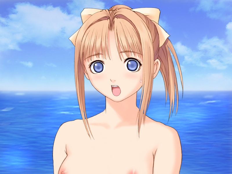 tony taka, shiomiya kanami, after (game), game cg, non-web source, 00s, 1girl, :o, blue eyes, blush, breasts, brown hair, close-up, cloud, day, female focus, hair ribbon, medium breasts, nipples, nude, ocean, open mouth, outdoors, ponytail, ribbon, sky, solo, surprised, sweat, water, zenra
