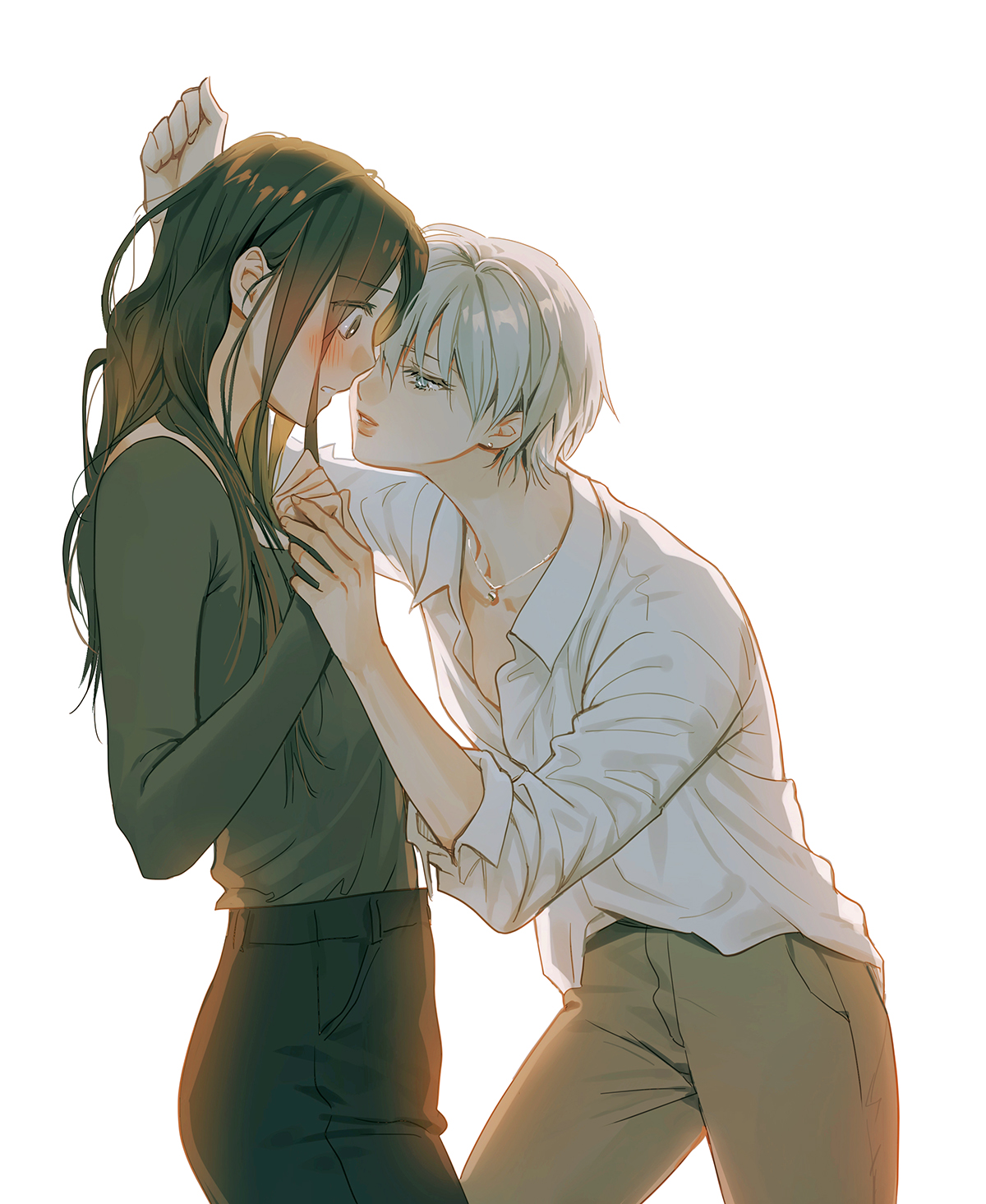 original, commentary request, highres, korean commentary, 2girls, arm up, black pants, blush, brown hair, brown pantyhose, brown shirt, eyelashes, grey hair, hand up, illyslilly, jewelry, long hair, long sleeves, looking at another, multiple girls, necklace, pants, pantyhose, parted lips, red lips, shirt, shirt tucked in, short hair, simple background, white background, white shirt, yuri