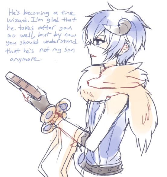 professor (ragnarok online), ragnarok online, 1boy, alternate color, animal, animal around neck, astrarunia, belt, black belt, black gloves, blue hair, blue shirt, book, brown horns, detached sleeves, english text, fox, gloves, holding, holding book, horns, looking afar, male focus, open mouth, profile, purple eyes, shirt, short hair, simple background, sleeveless, sleeveless shirt, smile, solo, upper body, white background, white sleeves