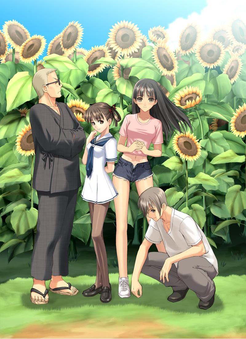 tony taka, mizushima asa, saisho hajime, sorayama natsume, unno juuzou, sora no iro mizu no iro, 00s, 2boys, 2girls, black hair, blush, brown eyes, brown hair, closed eyes, crossed arms, cutoffs, day, denim, denim shorts, dress, feet, flower, glasses, grass, grey hair, japanese clothes, long hair, midriff, multiple boys, multiple girls, outdoors, own hands clasped, own hands together, panties, pantyhose, sailor dress, sandals, shirt, shoes, short hair, short shorts, shorts, smile, sneakers, squatting, sunflower, t-shirt, twintails, unbuttoned, underwear, white panties, zouri