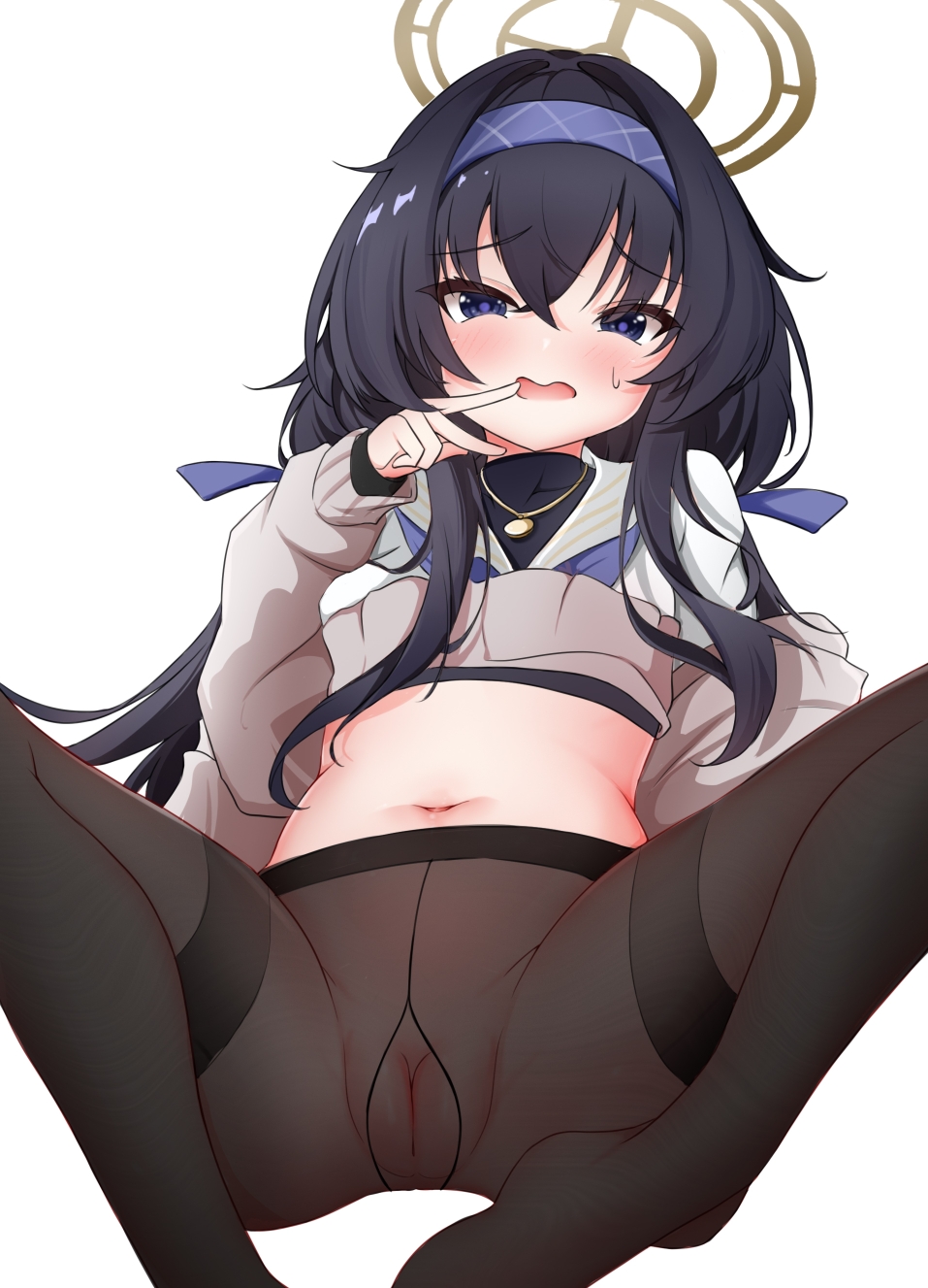 ui (blue archive), blue archive, highres, 1girl, black hair, blue eyes, blush, breasts, halo, long hair, looking at viewer, lying, navel, open mouth, pussy, simple background, small breasts, solo, white background