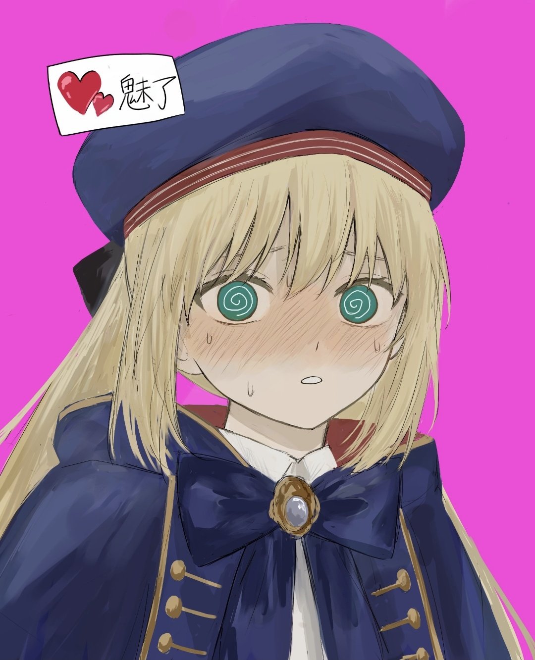 rurubusandayo, artoria caster (fate), artoria caster (second ascension) (fate), artoria pendragon (fate), fate/grand order, fate (series), highres, 1girl, @ @, beret, blonde hair, blue bow, blue bowtie, blue cape, blush, bow, bowtie, cape, furrowed brow, green eyes, hat, heart, long hair, looking at viewer, nose blush, open mouth, pink background, portrait, shirt, simple background, solo, white shirt, yellow trim