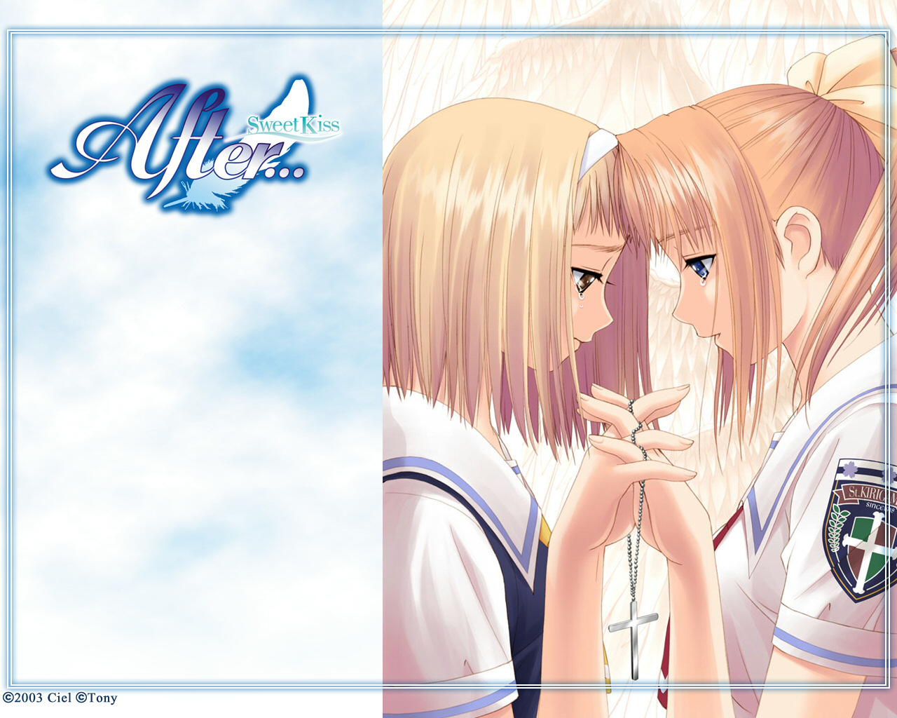tony taka, shiomiya kanami, takawashi nagisa, after (game), after sweet kiss, 00s, 2girls, angel wings, blonde hair, blue eyes, bow, brown eyes, brown hair, cross, hairband, holding hands, jewelry, multiple girls, necklace, orange hair, ponytail, school uniform, serafuku, short hair, tears, wings, yuri