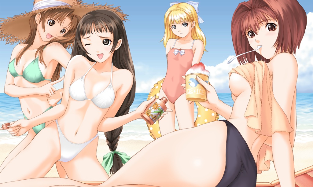 tony taka, asukawa reiko, mikado shizuka, sasaki kanae, yukifuji mika, tsubasa no hatameki, duplicate, 4girls, beach, bikini, breasts, day, food, hair ribbon, hat, innertube, medium breasts, multiple girls, one eye closed, outdoors, red hair, ribbon, shaved ice, straw hat, swim ring, swimsuit, underboob, wink