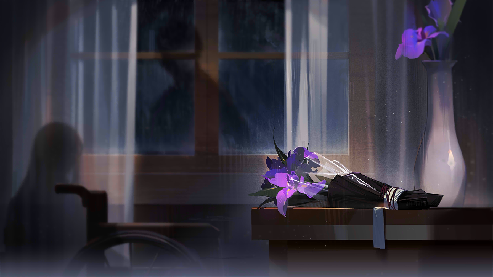 andoain (arknights), lemuen (arknights), arknights, game cg, highres, official art, third-party source, 1boy, 1girl, bouquet, curtains, flower, hospital, indoors, iris (flower), night, purple flower, see-through curtains, shadow, table, vase, wheelchair, window