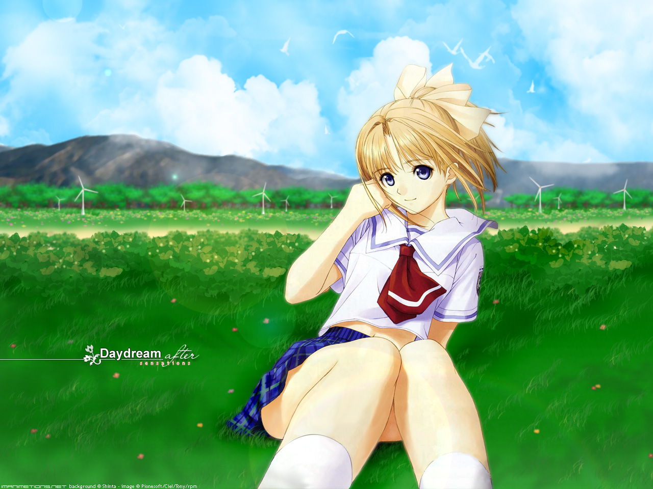 tony taka, shiomiya kanami, after (game), official art, third-party edit, 00s, 1girl, adjusting hair, arm support, bird, blonde hair, blue eyes, bow, cloud, day, english text, female focus, flower, foreshortening, grass, hair bow, hair intakes, kneehighs, knees together feet apart, leaning, lens flare, looking at viewer, midriff, miniskirt, mountain, navel, neck, on ground, outdoors, parted bangs, plaid clothes, plaid skirt, pleated skirt, ponytail, school uniform, serafuku, shirt, short hair, sidelocks, sitting, skirt, sky, smile, socks, solo, tree, white socks, wind, windmill
