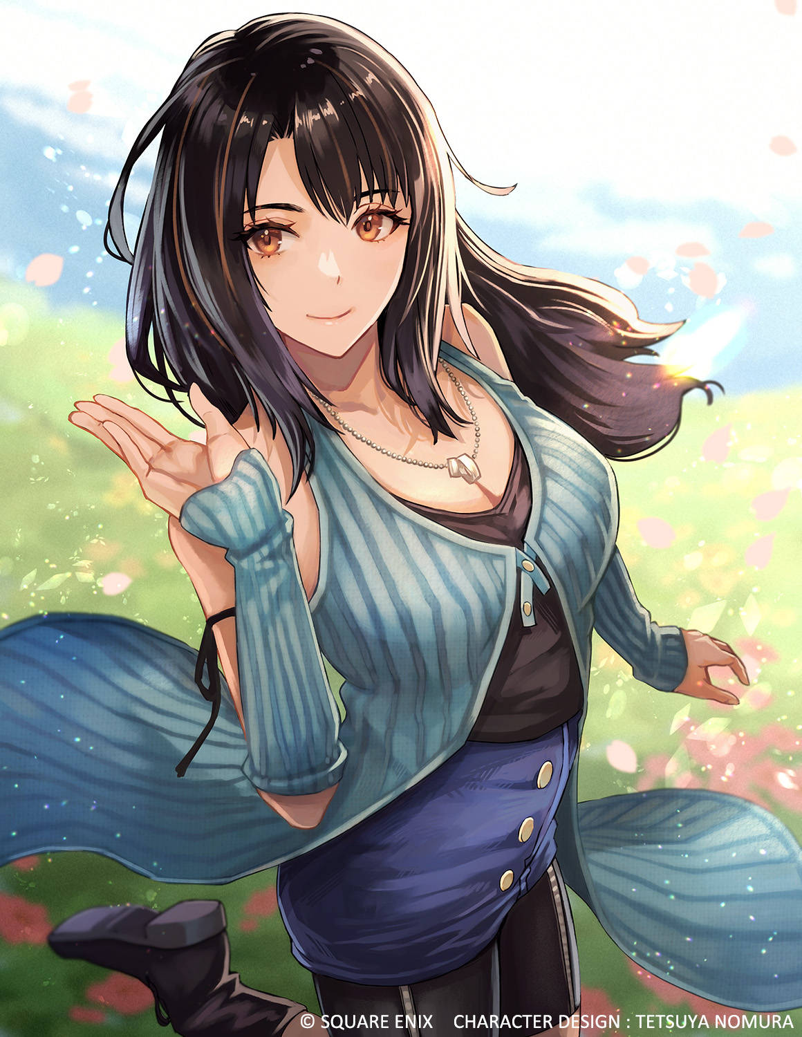 rinoa heartilly, final fantasy, final fantasy viii, square enix, highres, official art, 1girl, arm up, bare shoulders, bike shorts, black boots, black hair, black ribbon, black shirt, black shorts, blue arm warmers, blue cardigan, blue skirt, blurry, blurry background, boots, breasts, brown eyes, brown hair, buttons, cardigan, cleavage, closed mouth, cowboy shot, falling petals, field, flower, flower field, hair between eyes, jewelry, long hair, medium breasts, multicolored hair, necklace, petals, pink petals, ribbon, ring, ring necklace, shirt, shorts, skirt, sleeveless, sleeveless shirt, solo, standing, standing on one leg, streaked hair, waving