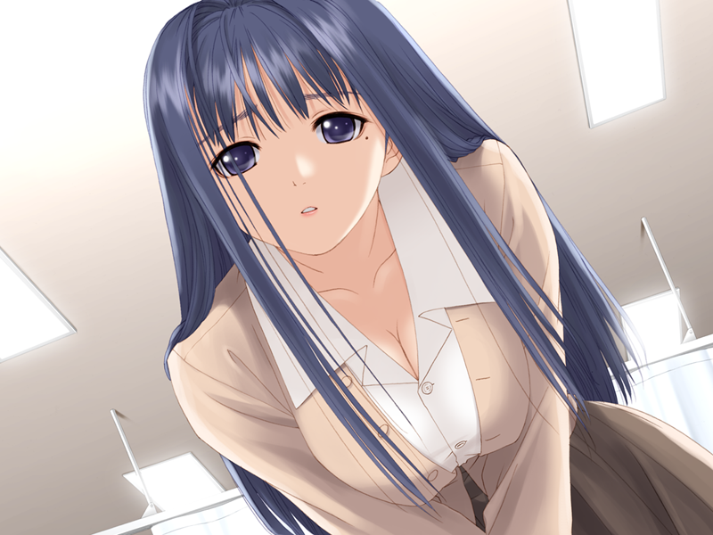 tony taka, chihaya miyuki, after (game), lights, game cg, 00s, 1girl, bent over, black skirt, blazer, blue eyes, blue hair, breasts, buttons, ceiling, cleavage, collarbone, collared shirt, cowboy shot, curtains, downblouse, dutch angle, female focus, from below, hair intakes, hanging breasts, indoors, jacket, large breasts, long hair, long sleeves, looking at viewer, matching hair/eyes, mole, mole under eye, parted lips, pleated skirt, pov, purple eyes, raised eyebrows, shirt, sidelocks, skirt, solo, unbuttoned, upper body, v arms, very long hair, white shirt, wing collar
