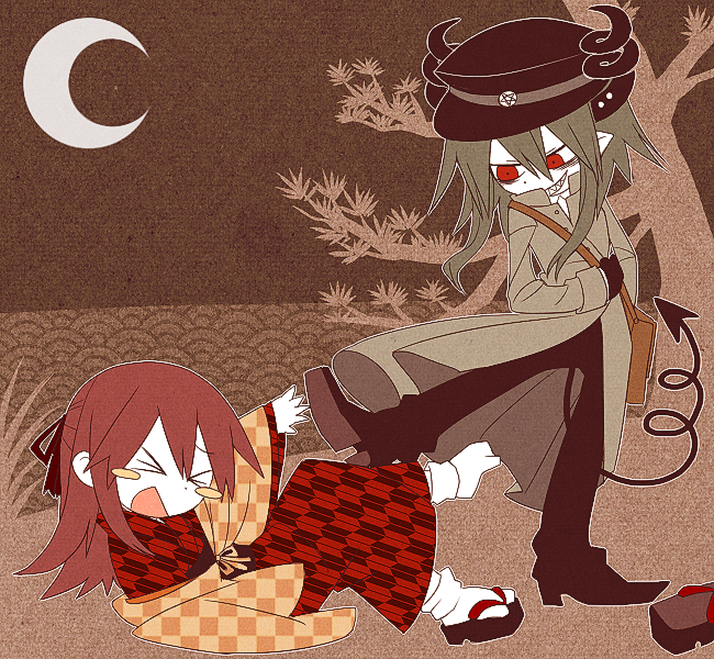 funamusea (artist), hanten (funamusea), met (funamusea), funamusea, sutare yume, commentary request, > <, 2girls, bags under eyes, black gloves, black hat, black pants, black shoes, blush stickers, brown coat, brown hair, coat, colored skin, crescent moon, demon girl, demon horns, demon tail, dot nose, gloves, hair ribbon, hat, horns, japanese clothes, kimono, laughing, looking at another, moon, multiple girls, open mouth, outdoors, outline, pants, pointy ears, red eyes, red kimono, red ribbon, ribbon, sandals, shoes, smile, stepped on, tail, teeth, tree, white outline, white skin