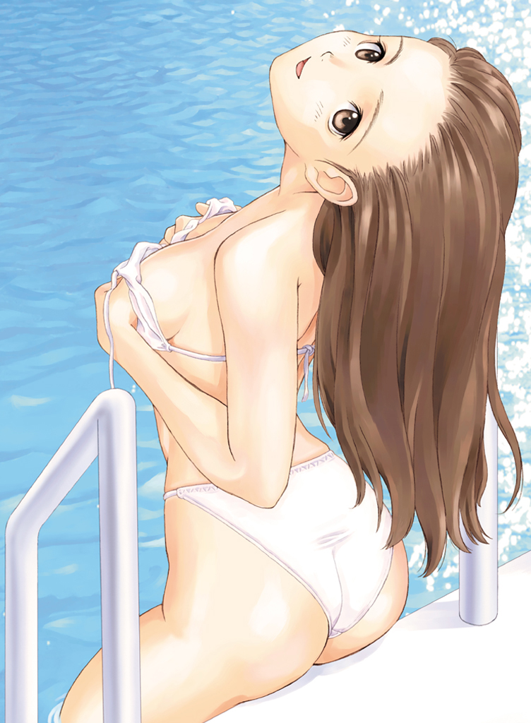 tony taka, untied, copyright request, 1girl, ass, back, bikini, breasts, brown eyes, brown hair, covering breasts, covering privates, female focus, from behind, long hair, looking at viewer, looking back, looking up, pool, pool ladder, poolside, reflection, sitting, soaking feet, solo, sunlight, swimsuit, water, wet, white bikini