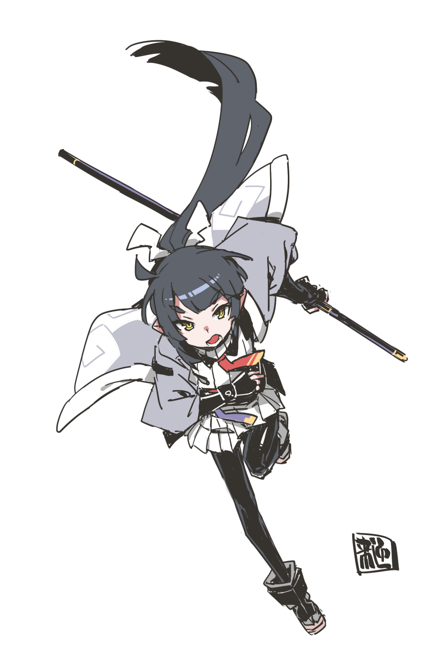 raigou, akari (raigou), original, highres, black hair, black leggings, boots, dress, elf, fingerless gloves, gloves, hair ornament, holding, holding weapon, leggings, long hair, lower teeth only, open mouth, pleated skirt, pointy ears, seal impression, simple background, skirt, teeth, thick eyebrows, very long hair, weapon, white background, white dress, yellow eyes