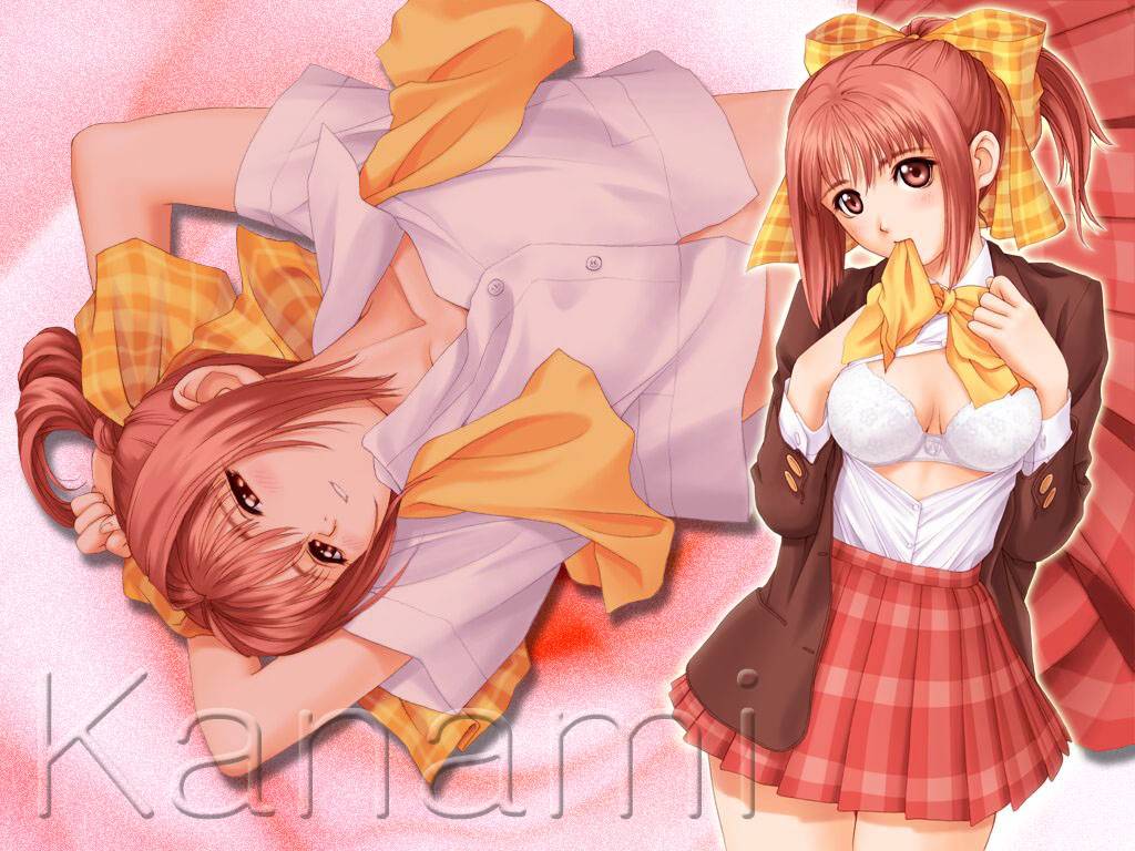 tony taka, sangami erika, partner ~sekai de ichiban taisetsu na hito~, 1girl, bra, breasts, cleavage, hair ribbon, large breasts, lingerie, multiple views, open clothes, open shirt, pink eyes, pink hair, pleated skirt, ribbon, school uniform, serafuku, shirt, skirt, underwear