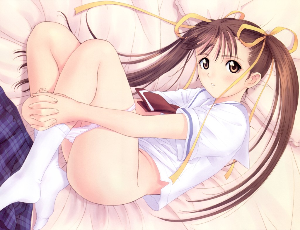 tony taka, after (game), dengeki hime, white legwear, 00s, 1girl, bed, bed sheet, bottomless, brown eyes, brown hair, female focus, hair ribbon, leg hold, legs together, long hair, looking at viewer, lying, on side, panties, panty pull, petite, plaid clothes, plaid skirt, ribbon, school uniform, serafuku, skirt, solo, twintails, underwear, unworn skirt, white panties, yellow ribbon