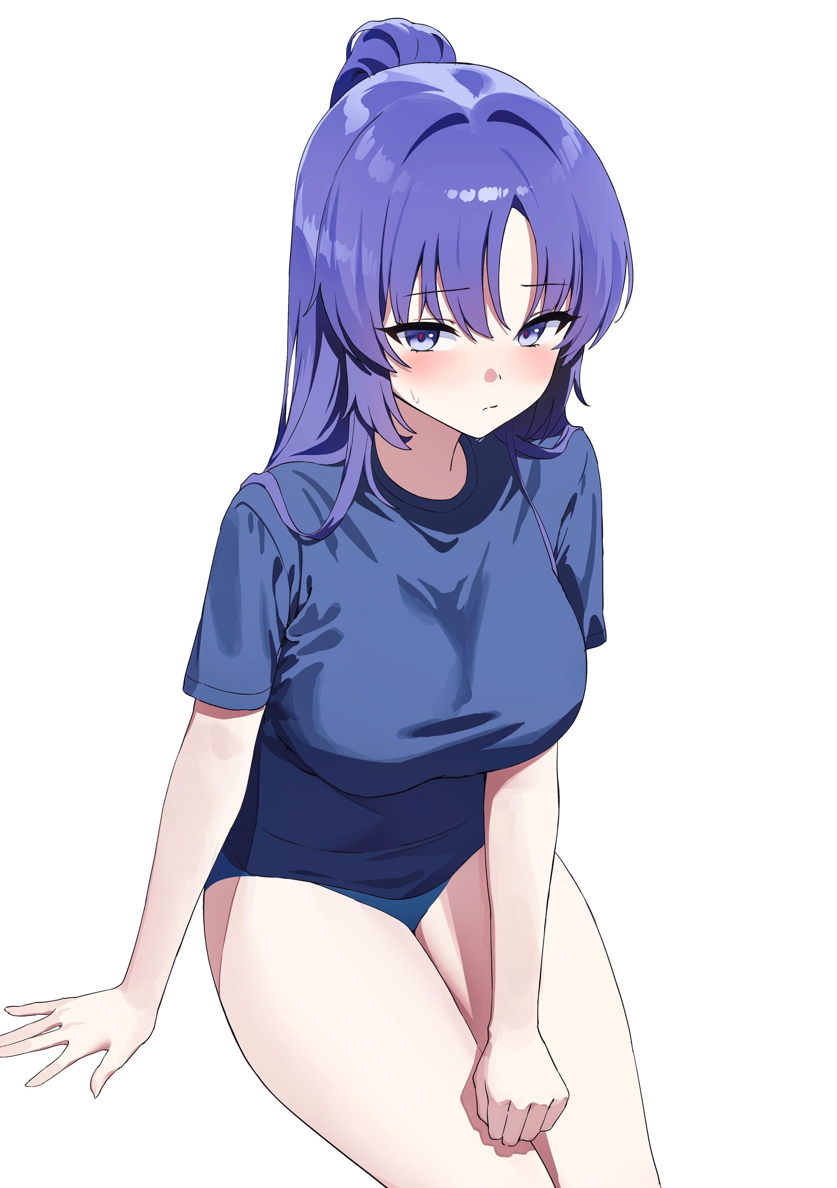 damcheong, yuuka (blue archive), yuuka (track) (blue archive), blue archive, absurdres, highres, 1girl, blue buruma, blue shirt, buruma, looking at viewer, official alternate costume, official alternate hairstyle, ponytail, purple eyes, purple hair, shirt, short shorts, shorts, simple background, solo, thighs, white background