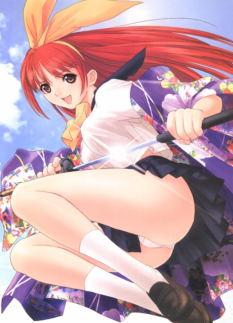 tanaka takayuki, eve license organization, ass, cloud, hair ribbon, hairband, happy, japanese clothes, jumping, kimono, long hair, off shoulder, orange eyes, outdoors, panties, pantyshot, pleated skirt, red hair, ribbon, school uniform, serafuku, sheath, shoes, skirt, sky, smile, socks, sword, underwear, unsheathing, upskirt, weapon, white panties, yellow eyes