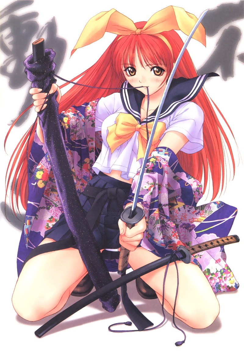 tony taka, eve license organization, non-web source, 1girl, blush, bow, hair ribbon, hairband, japanese clothes, katana, kimono, kneeling, long hair, midriff, mouth hold, off shoulder, orange eyes, panties, pantyshot, pleated skirt, red hair, ribbon, school uniform, serafuku, sheath, shoes, skirt, solo, sword, underwear, very long hair, weapon, white panties, yellow eyes