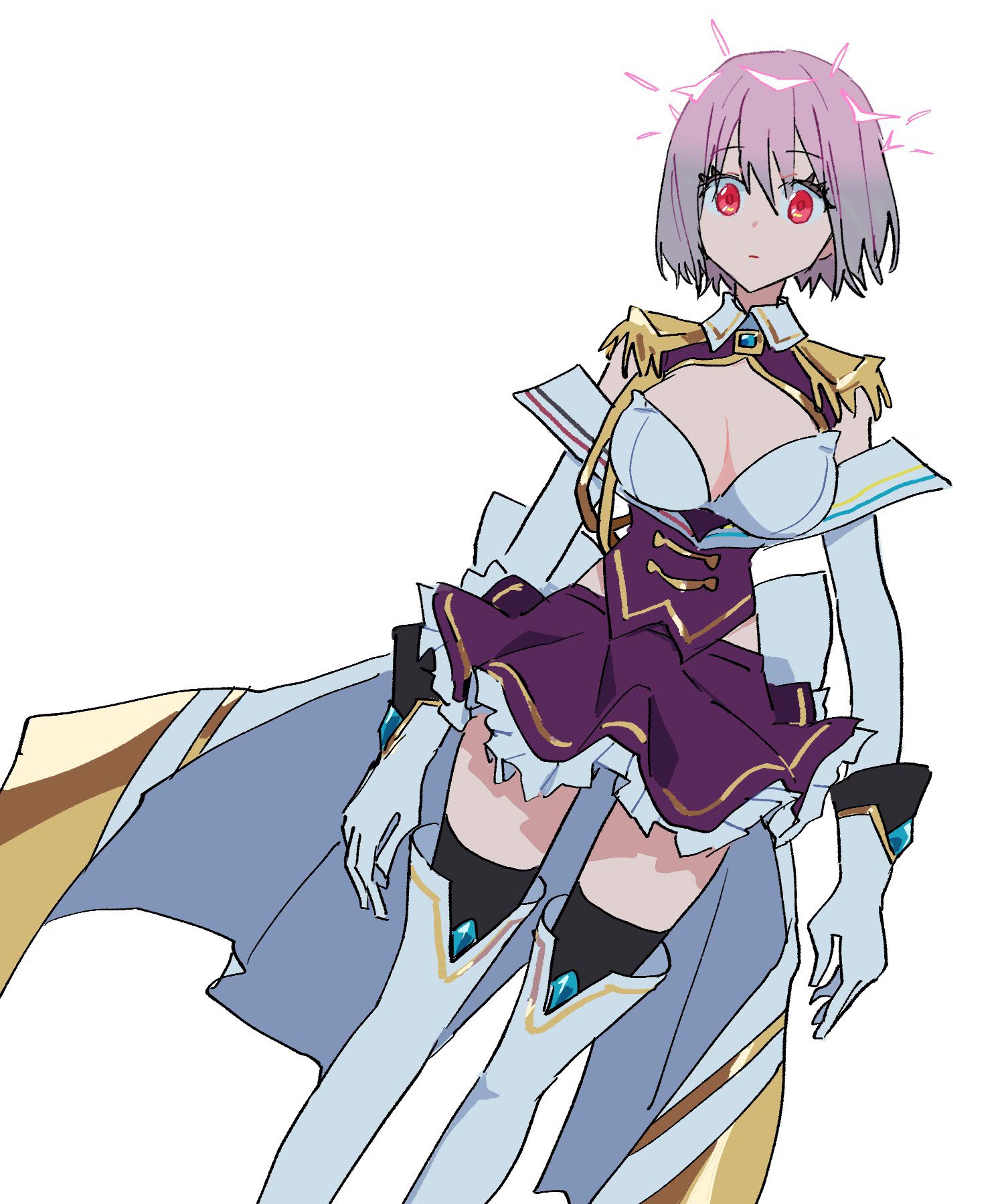 himagosan, shinjou akane, shinjou akane (new order), gridman universe, gridman universe (movie), highres, 1girl, boots, breasts, cleavage, closed mouth, epaulettes, frilled skirt, frills, gloves, large breasts, looking at viewer, purple hair, purple skirt, red eyes, shirt, short hair, simple background, skirt, solo, thighhighs, white background, white boots, white gloves