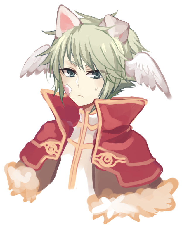 high wizard (ragnarok online), ragnarok online, 1boy, animal ears, astrarunia, bandaid, bandaid on cheek, bandaid on face, capelet, closed mouth, dog boy, dog ears, expressionless, feathered wings, fur-trimmed capelet, fur trim, green eyes, green hair, head wings, looking at viewer, male focus, red capelet, shirt, short hair, simple background, solo, upper body, white background, white shirt, white wings, wings