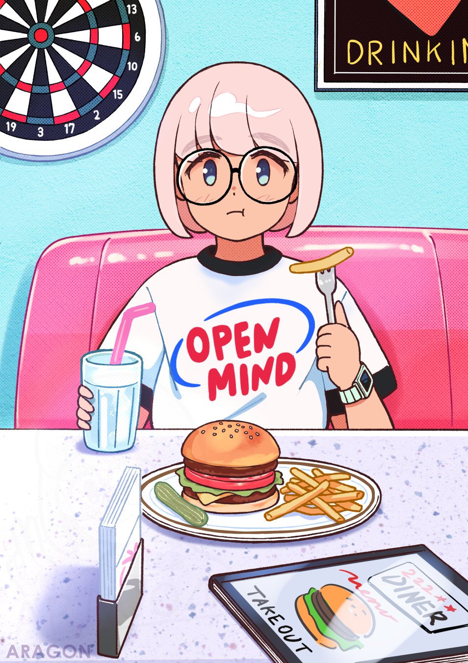 aragon honnin, original, highres, 1girl, bob cut, booth seating, brown hair, burger, closed mouth, cup, dartboard, drinking straw, food, fork, french fries, glasses, holding, holding cup, holding fork, indoors, looking at viewer, menu, napkin, napkin holder, pickle, plate, round eyewear, shirt, short hair, short sleeves, solo, t-shirt, white shirt