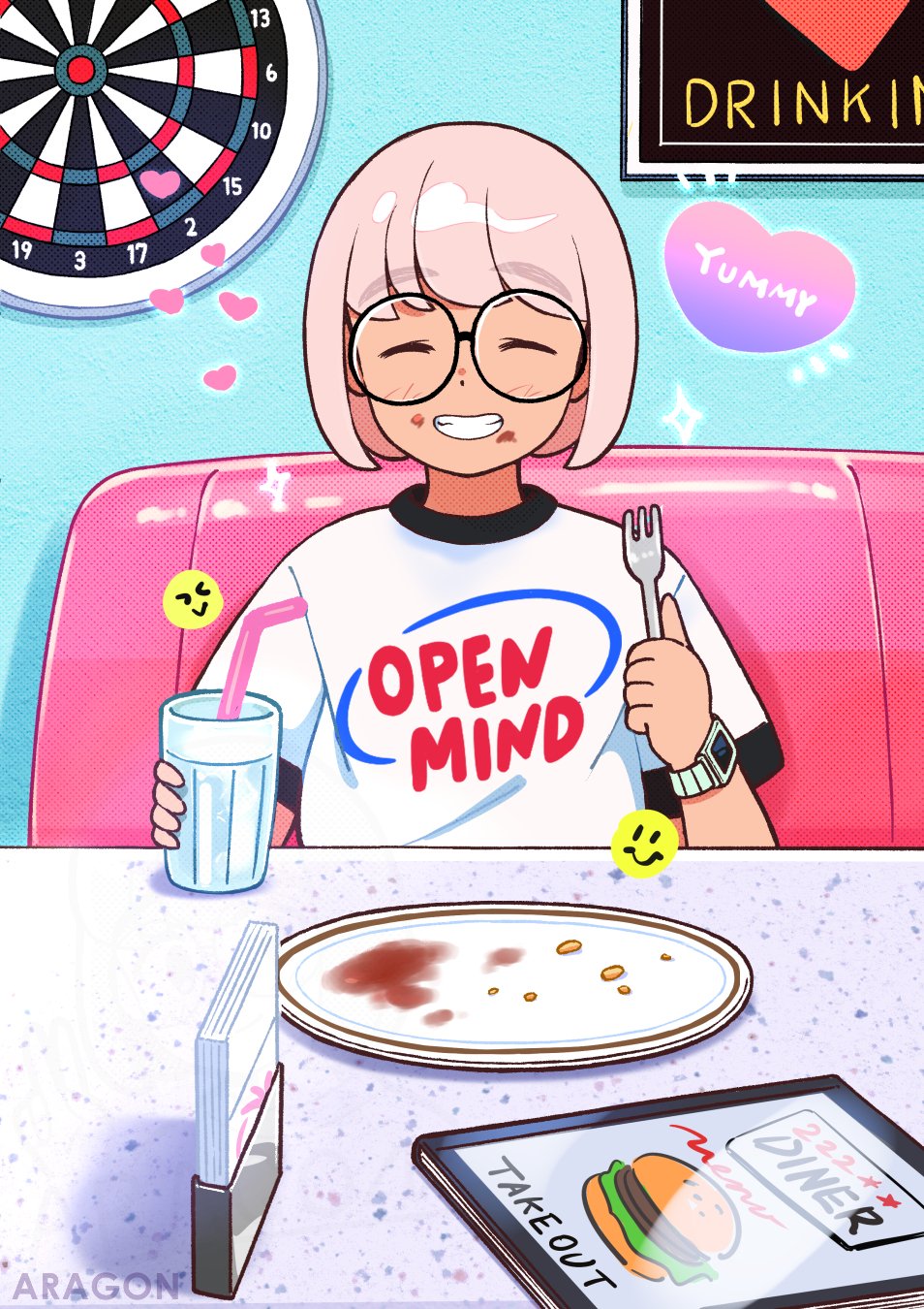 aragon honnin, original, highres, 1girl, bob cut, booth seating, brown hair, closed eyes, cup, dartboard, drinking straw, fork, glasses, grin, holding, holding cup, holding fork, indoors, looking at viewer, menu, napkin, napkin holder, open mouth, plate, round eyewear, shirt, short hair, short sleeves, smile, solo, t-shirt, teeth, white shirt