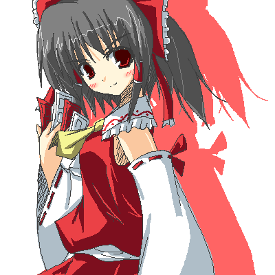 hakurei reimu, touhou, lowres, 1girl, ascot, black hair, bow, detached sleeves, female focus, frills, hair ribbon, hair tubes, oekaki, ofuda, red eyes, ribbon, short hair, solo