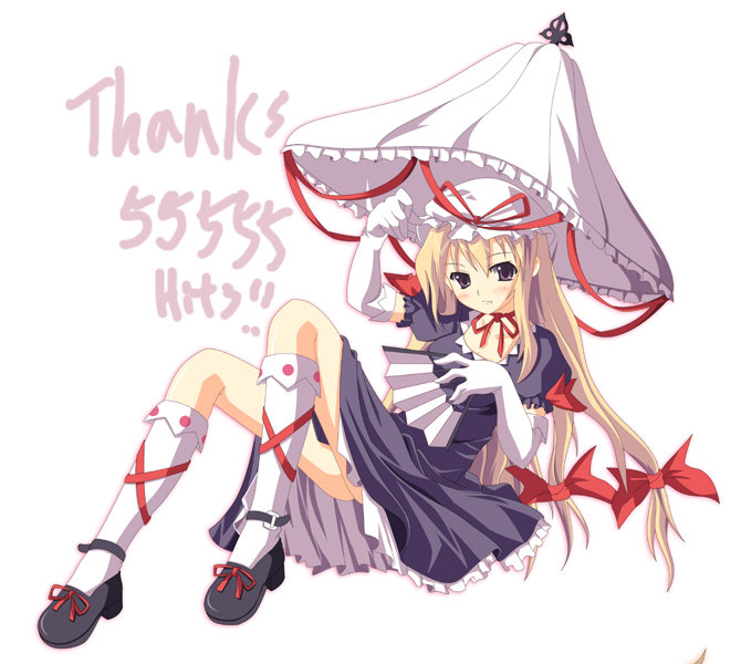yakumo yukari, touhou, 1girl, blonde hair, blush, dress, elbow gloves, female focus, folding fan, full body, gloves, hair ribbon, hand fan, hat, kneehighs, long hair, milestone celebration, mob cap, parasol, purple eyes, ribbon, shoes, simple background, socks, solo, tress ribbon, umbrella, white background, white gloves, white socks