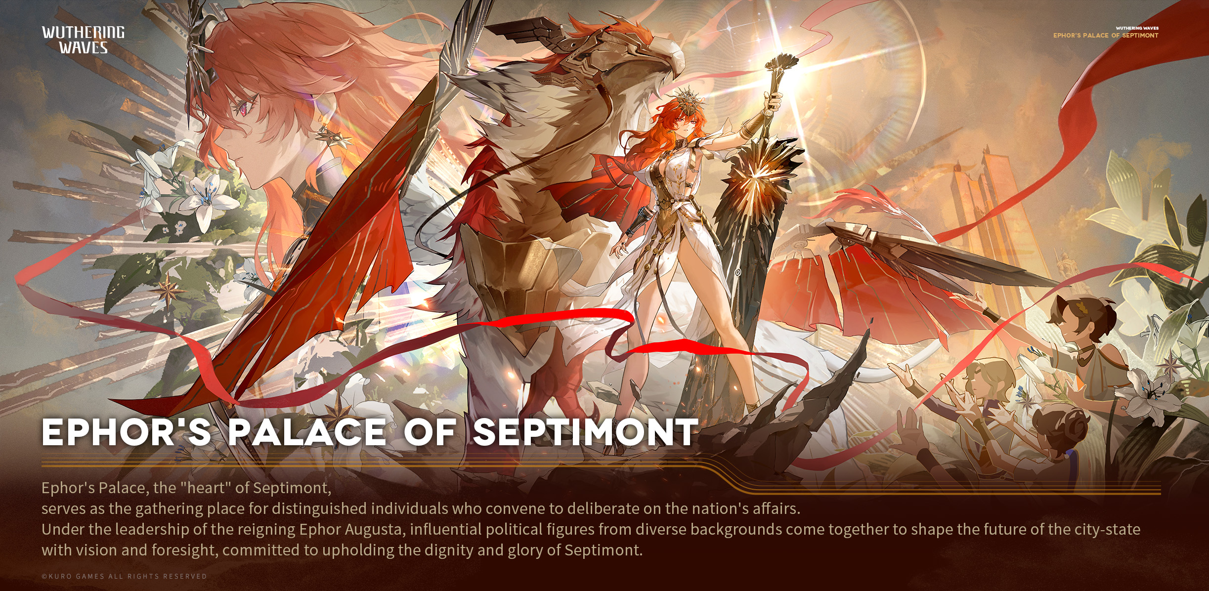 augusta (wuthering waves), wuthering waves, commentary, english commentary, highres, official art, 1girl, ancient greek clothes, arm armor, armor, bare legs, breastplate, breasts, closed mouth, earrings, english text, greatsword, greco-roman clothes, hair between eyes, headgear, holding, holding sword, holding weapon, jewelry, legs, logo, long hair, medium breasts, orange hair, people, red eyes, solo focus, standing, sun earrings, sword, tacet discord (wuthering waves), weapon