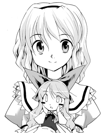 fujiwara shun'ichi, alice margatroid, shanghai doll, touhou, lowres, 1girl, :o, blush stickers, bow, doll, female focus, greyscale, hairband, hands on own cheeks, hands on own face, holding, monochrome, open mouth, short hair, smile, solo