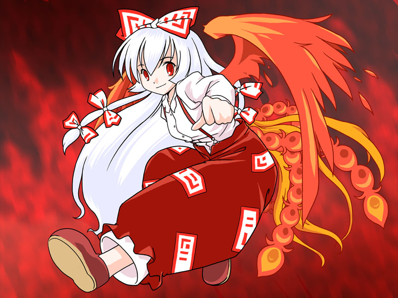 shaomin, fujiwara no mokou, touhou, 1girl, bow, female focus, fiery wings, fire, ribbon, solo, suspenders, tail, wings