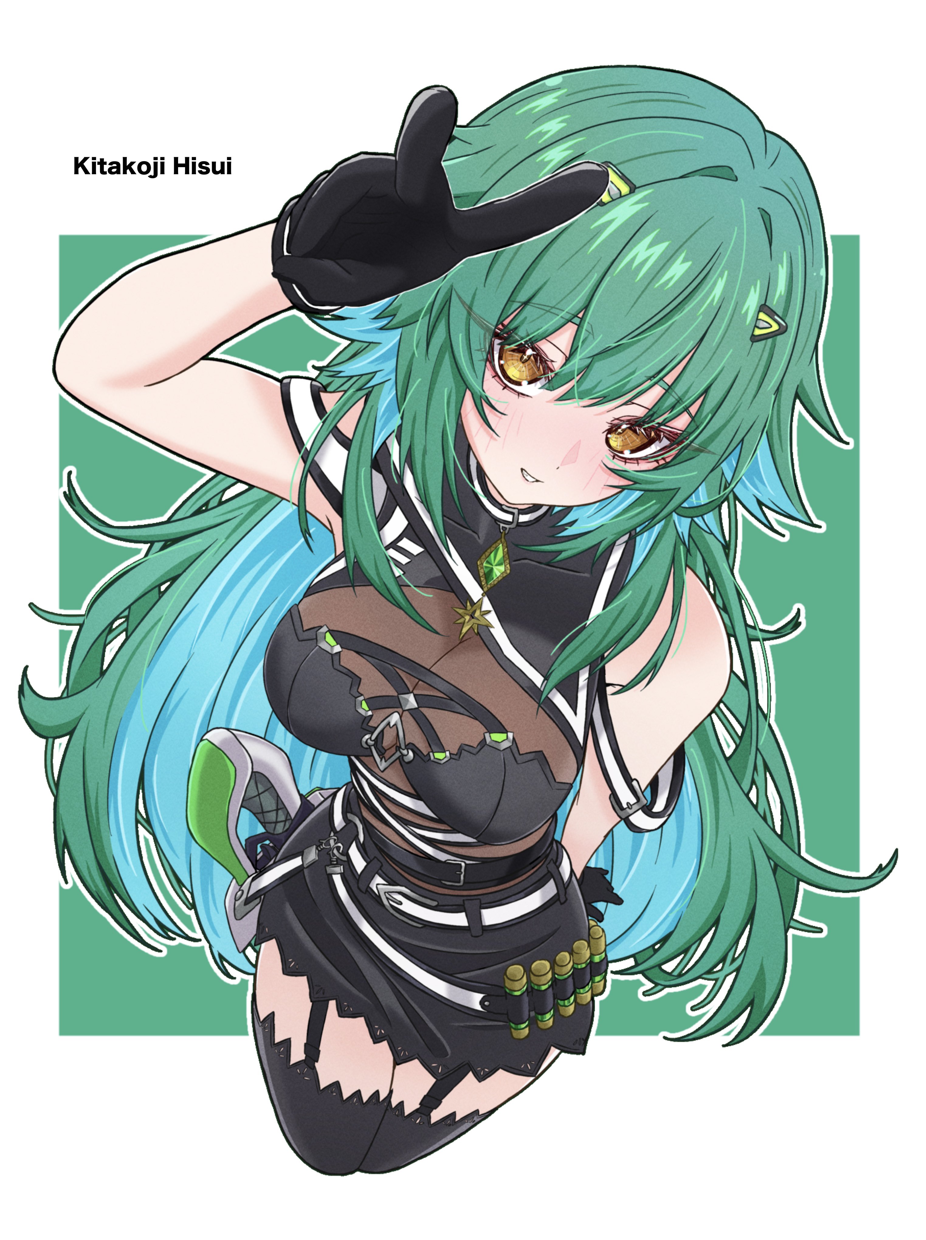 lozi, kitakoji hisui, kitakoji hisui (2nd costume), nijisanji, absurdres, highres, 1girl, aqua hair, arm behind back, arm up, bare shoulders, belt, black gloves, black shirt, black skirt, black thighhighs, blush, border, breasts, colored inner hair, from above, garter belt, gloves, green background, green hair, hair flaps, hair ornament, large breasts, long hair, multicolored hair, multiple belts, pendant choker, see-through cleavage, see-through clothes, sheath, sheathed, shirt, skirt, sleeveless, sleeveless shirt, smile, solo, thighhighs, v, very long hair, virtual youtuber, white border, yellow eyes