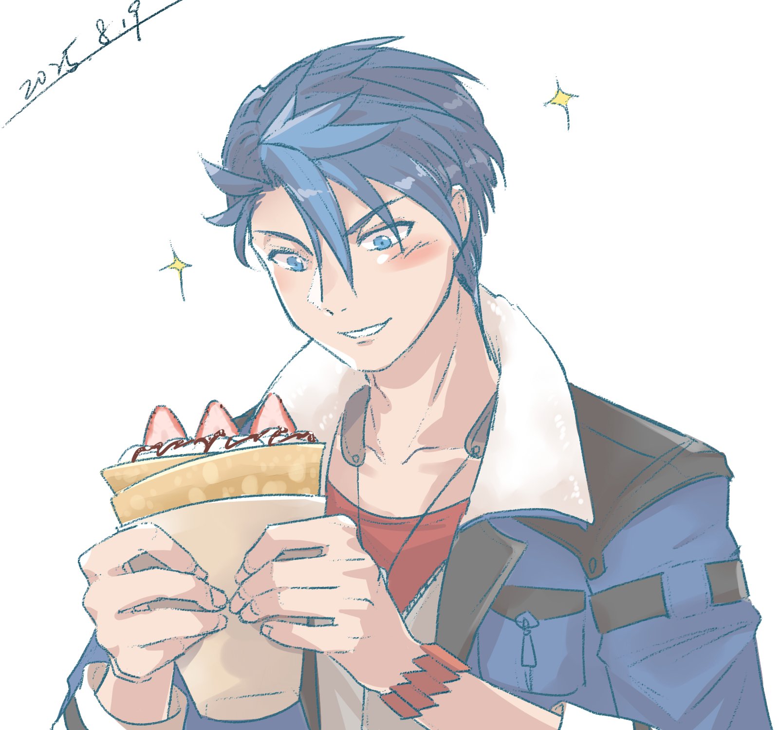 van arkride, eiyuu densetsu, kuro no kiseki (series), kuro no kiseki i, highres, aradonkey, black hair, blue eyes, blue hair, coat, crepe, dated, dog tags, double-parted bangs, food, food wrapper, fruit, fur collar, hair between eyes, holding, holding crepe, holding food, ice cream crepe, mullet, multicolored hair, parted bangs, short hair, simple background, strawberry, strawberry slice, two-tone hair, upper body, whipped cream, white background, wristband