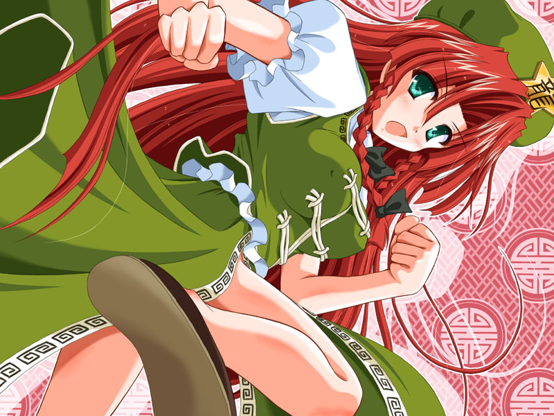 yamu (reverse noise), hong meiling, immaterial and missing power, touhou, 1girl, bow, braid, breasts, chinese clothes, clenched hands, covered erect nipples, dress, female focus, green eyes, hair bow, hat, large breasts, long hair, open mouth, red hair, solo, star (symbol), twin braids, very long hair, vest