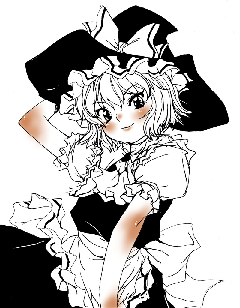 matsukura nemu, kirisame marisa, touhou, 1girl, apron, female focus, frills, hat, monochrome, short hair, simple background, smile, solo, spot color, white background, witch hat