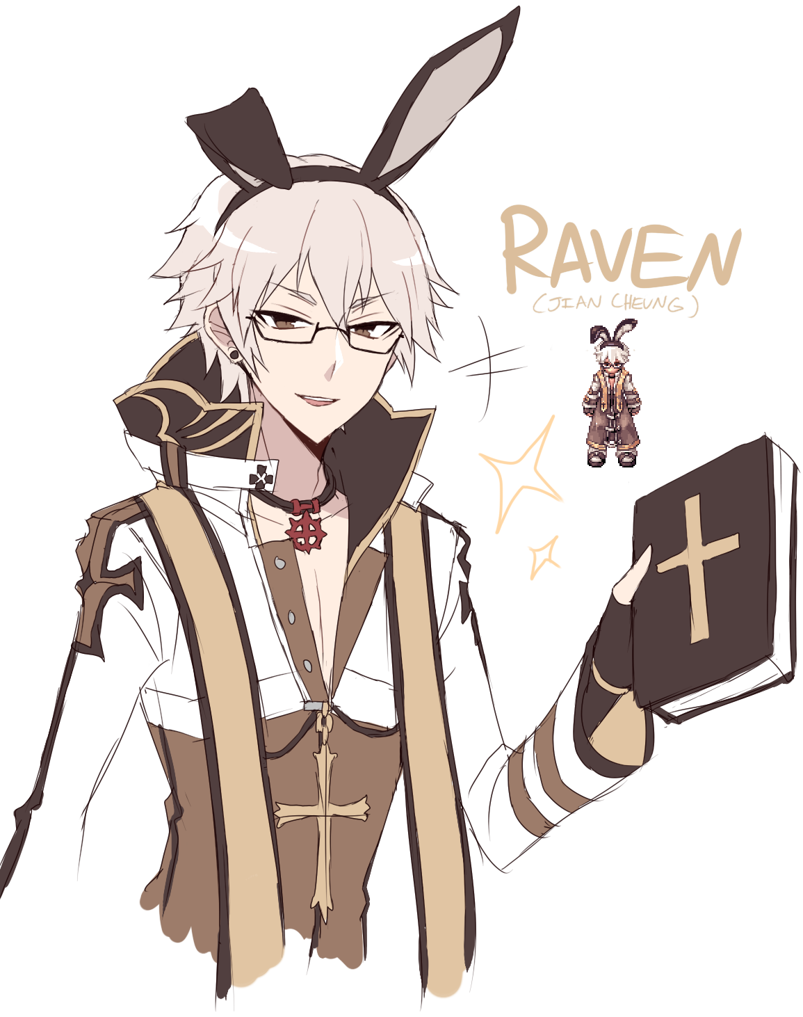 arch bishop (ragnarok online), ragnarok online, highres, +++, 1boy, animal ears, astrarunia, black-framed eyewear, black choker, black gloves, book, brown coat, choker, coat, cropped jacket, cross, cross choker, cross necklace, cross of prontera, fake animal ears, fingerless gloves, glasses, gloves, grey hair, holding, holding book, jacket, jewelry, long sleeves, looking at viewer, male focus, necklace, open mouth, rabbit ears, reference inset, short hair, simple background, smile, solo, upper body, white background, white jacket