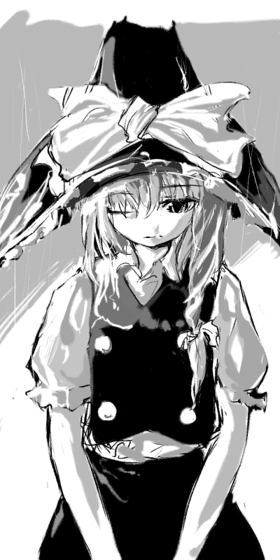 kirisame marisa, touhou, 1girl, bow, dress, female focus, greyscale, hat, monochrome, one eye closed, ribbon, serious, solo, white background, witch hat