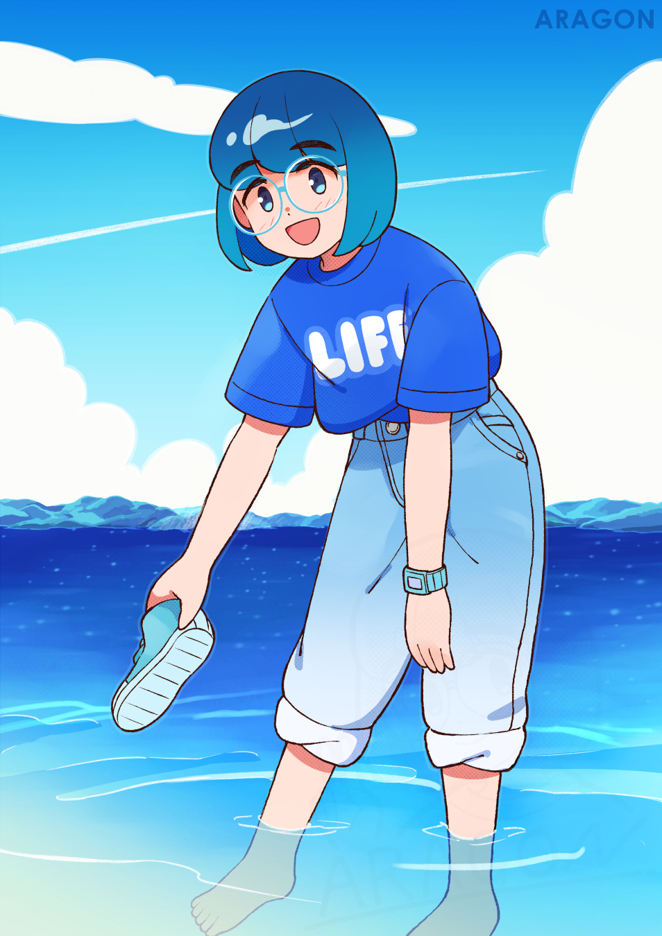 aragon honnin, original, highres, 1girl, barefoot, blue eyes, blue hair, blue shirt, blue sky, blush, bob cut, cloud, day, denim, glasses, holding, holding shoes, holding unworn clothes, jeans, looking at viewer, ocean, open mouth, outdoors, pants, round eyewear, shirt, shoes, short hair, short sleeves, sky, solo, t-shirt, unworn shoes, watch, wristwatch