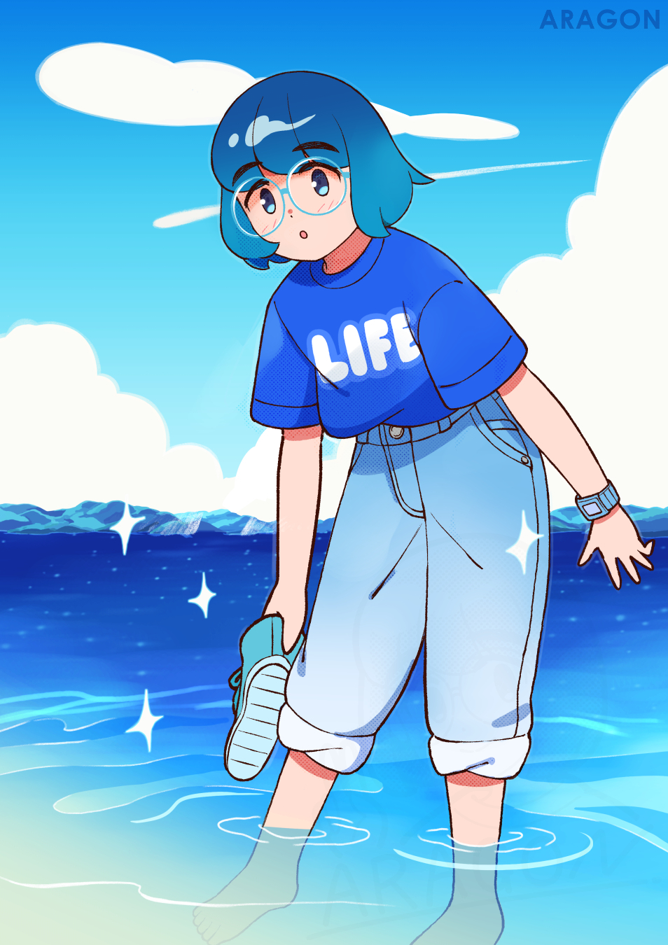 aragon honnin, original, highres, 1girl, barefoot, blue eyes, blue hair, blue shirt, blue sky, blush, bob cut, cloud, day, denim, glasses, holding, holding shoes, holding unworn clothes, jeans, looking at viewer, ocean, outdoors, pants, parted lips, round eyewear, shirt, shoes, short hair, short sleeves, sky, solo, sparkle, t-shirt, unworn shoes, watch, wristwatch