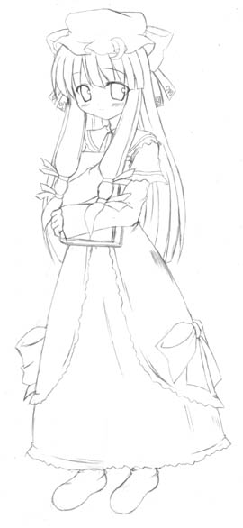 patchouli knowledge, touhou, 1girl, blunt bangs, blush, book, female focus, full body, greyscale, long hair, long sleeves, looking at viewer, monochrome, sidelocks, sketch, solo, standing