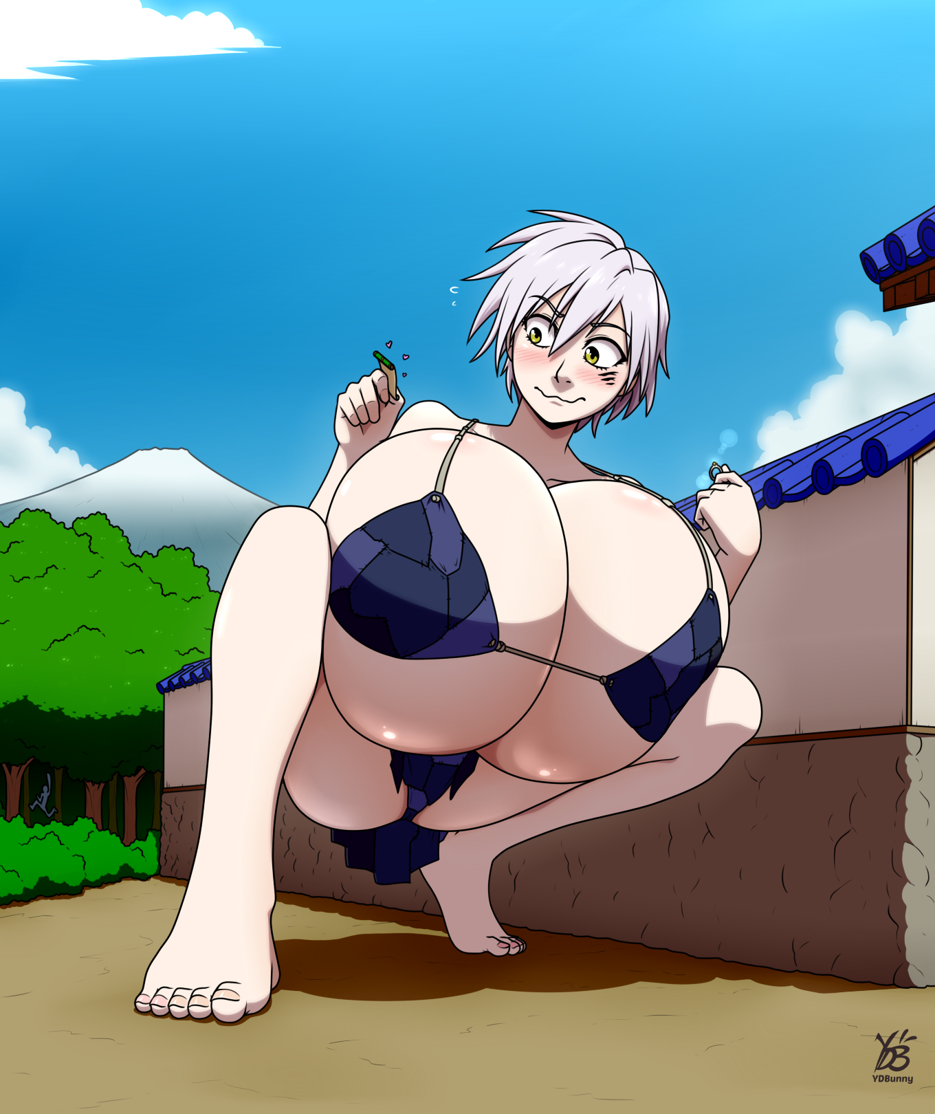 ydbunny, manyuu kagefusa, manyuu hikenchou, highres, 1girl, barefoot, blush, breasts, cleavage, female focus, full body, giant, giantess, gigantic breasts, heart, jewelry, ring, scroll, short hair, solo, spread legs, squatting, white hair, yellow eyes