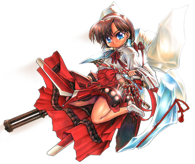 1girl, blue eyes, female focus, gatling gun, gun, hakama, hakama skirt, japanese clothes, mecha musume, miko, red hakama, skirt, solo, tabi, weapon