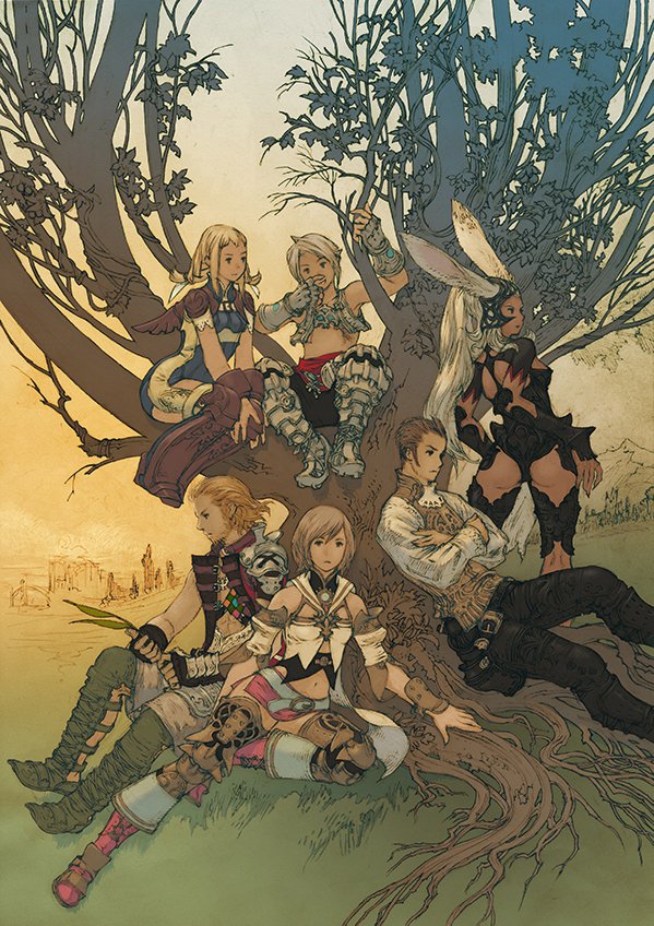 yoshida akihiko, ashelia b'nargin dalmasca, balflear, basch fon ronsenburg, fran (ff12), penelo, vaan (ff12), final fantasy, final fantasy xii, official art, 3boys, 3girls, against tree, animal ears, armor, armored boots, ass, bare shoulders, black pants, blonde hair, boots, braid, breasts, brown boots, brown gloves, brown hair, brown vest, cropped vest, crossed arms, detached sleeves, ears through headwear, feet out of frame, full body, gloves, gold trim, hair slicked back, hand on own face, in tree, leather, leather armor, leather boots, long hair, long sleeves, looking at viewer, medium breasts, medium hair, midriff, miniskirt, multiple boys, multiple girls, nature, navel, outdoors, pants, pink boots, pink skirt, plant, ponytail, rabbit ears, rabbit girl, revealing clothes, shirt, short hair, shoulder armor, side slit, sitting, skirt, thigh boots, tree, twin braids, under tree, vambraces, vest, viera, white hair, white shirt