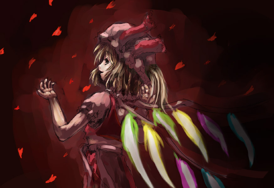 flandre scarlet, touhou, 1girl, blonde hair, female focus, hat, mob cap, ponytail, puffy sleeves, red background, short hair, smile, solo, wings