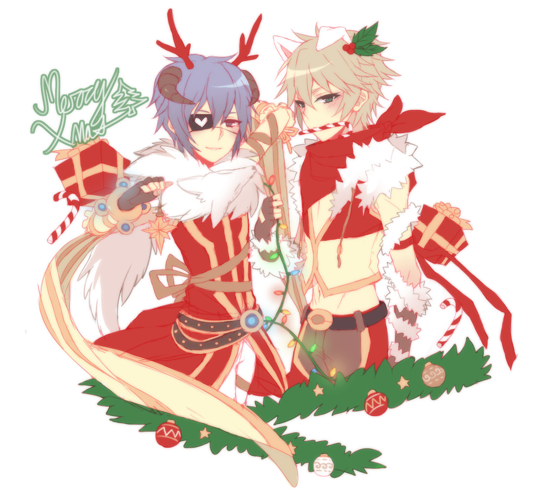 professor (ragnarok online), sniper (ragnarok online), ragnarok online, 2boys, animal, animal around neck, animal ears, antlers, astrarunia, bandana, belt, black belt, black gloves, black horns, blue eyes, blue hair, box, candy, candy cane, christmas, christmas ornaments, closed mouth, cowboy shot, detached sleeves, dog boy, dog ears, eyepatch, fingerless gloves, food, fox, fur-trimmed gloves, fur trim, gift, gift box, gloves, green eyes, grey hair, hair ornament, heart, heart eyepatch, holly hair ornament, horns, looking at viewer, male focus, merry christmas, midriff, multiple boys, navel, pants, red bandana, red horns, red pants, red shirt, shirt, short hair, simple background, sleeveless, sleeveless shirt, smile, striped sleeves, white background, white pants, white sleeves, yellow sleeves