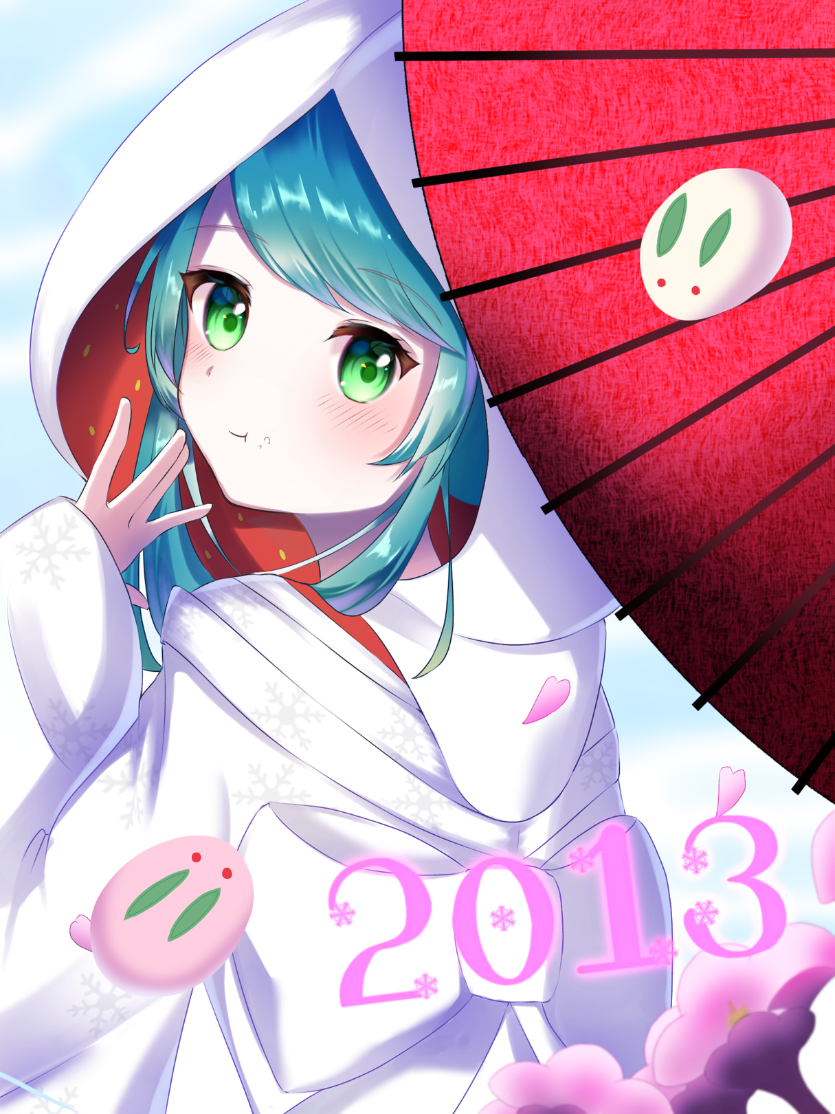 yomomo14, hatsune miku, yuki miku, yuki miku (2013), vocaloid, highres, 1girl, blush, chewing, closed mouth, green eyes, green hair, japanese clothes, kimono, long sleeves, looking at viewer, looking back, official alternate costume, official alternate hairstyle, oil-paper umbrella, shiromuku, solo, uchikake, umbrella, wataboushi