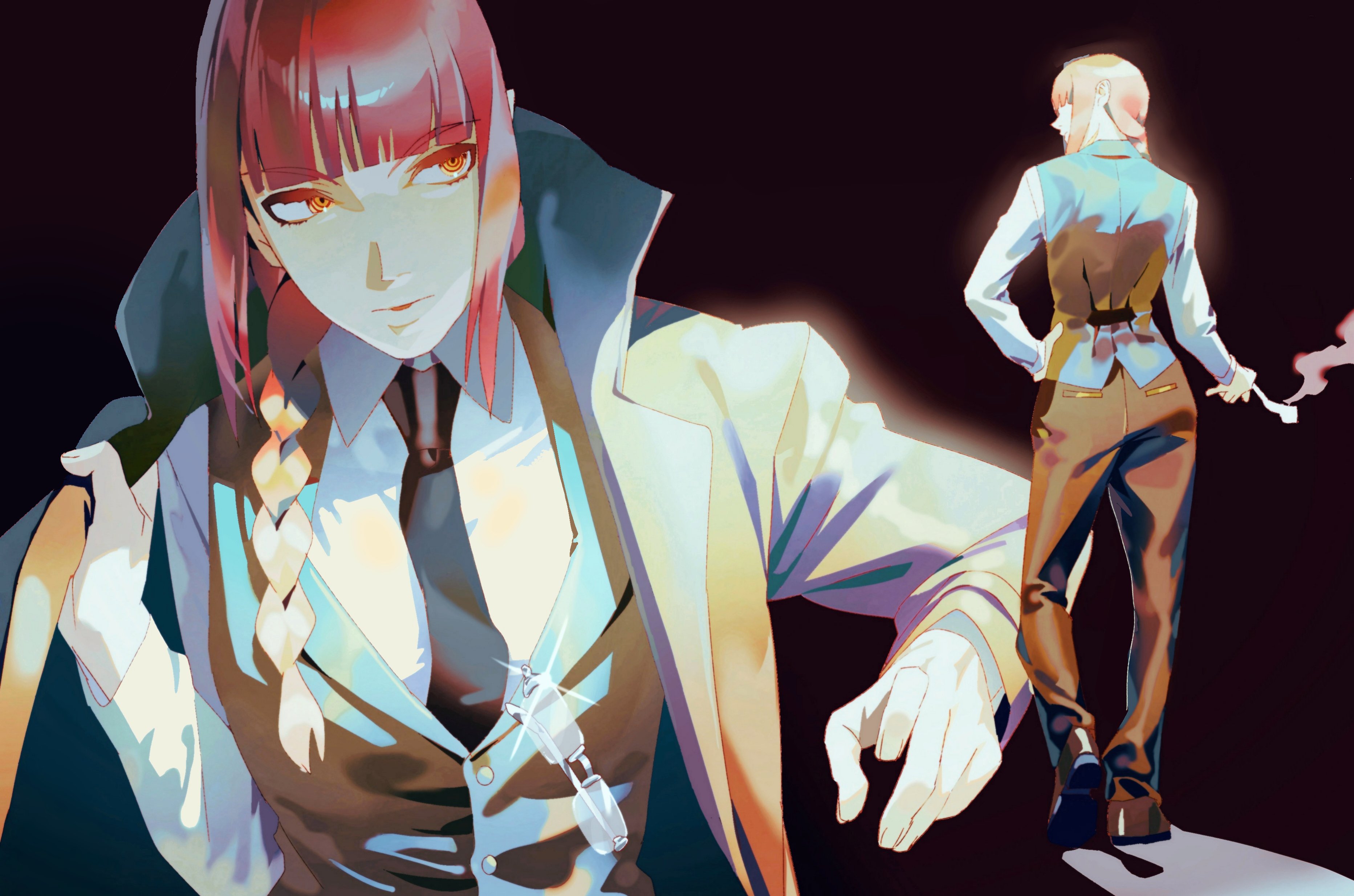 gusamo, makima (chainsaw man), chainsaw man, absurdres, highres, 1girl, black background, black necktie, black pants, braid, braided ponytail, closed mouth, coat, collared shirt, glasses, grey coat, grey vest, hair over shoulder, long hair, multiple views, necktie, pants, red hair, ringed eyes, shirt, vest, white shirt, yellow eyes