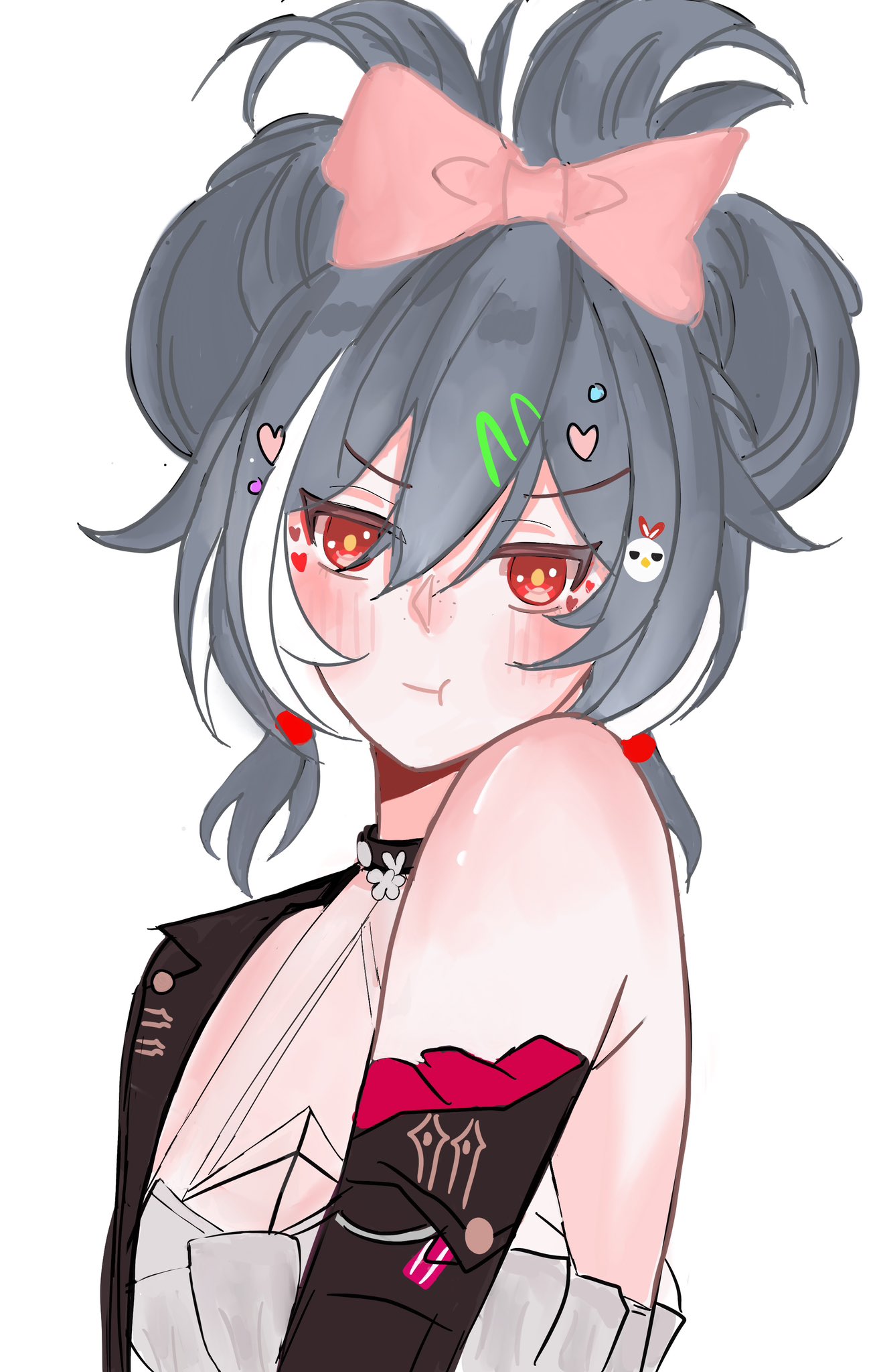 birbrumu, herrscher of sentience, herrscher of sentience (turn up the music!), jingwei (bird), honkai (series), honkai impact 3rd, commentary, highres, symbol-only commentary, 1girl, :t, bare shoulders, blush, bow, character hair ornament, cinnamiku hairstyle, closed mouth, dress, grey hair, hair between eyes, hair bow, hair ornament, hairclip, looking at viewer, multicolored hair, pink bow, pout, red eyes, simple background, sleeveless, sleeveless dress, solo, streaked hair, upper body, white background, white dress, white hair
